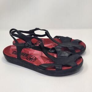 Camper Women Black Leather Ankle Strap Sandal Size 40 US 9 Peep Toe Red Insole
